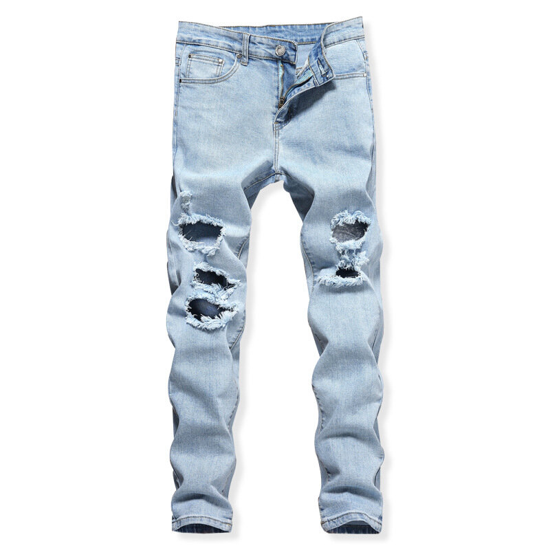 2024 cross-border supply Europe and the United States street fashion men spring ripped knee stretch slim light blue jeans