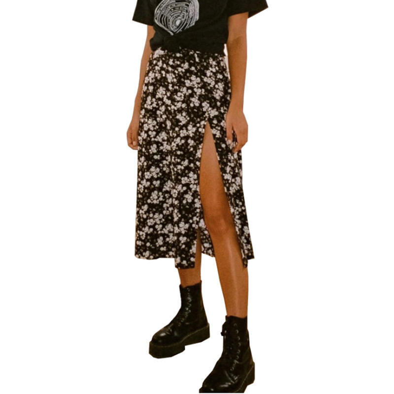 Женская винтажная юбка в горошек, длинная трапециевидная юбка с цветочным принтом, высокой талией и разрезом, пляжная юбка макси