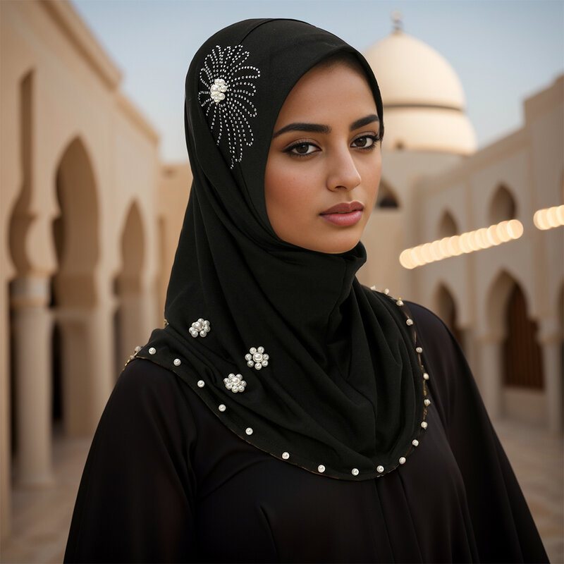 ผ้าพันคอด้านในสีดำพร้อมหมวกลูกปัดแบบสวมศีรษะแฟชั่นสำหรับผู้หญิงมุสลิมยืดหยุ่นฮิญาบแบบสวมหัว
