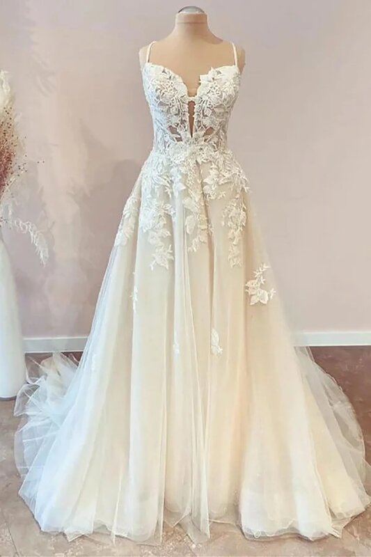 Vestido de noiva de tule linha A feminino, Boho, cintas de espaguete, apliques de renda, vestido de festa, 2021