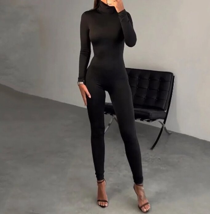 Hot Selling 2023 Autumn New Daily Fashion Casual High Neck Long Sleeved High Waist Long Pants Tight Fitting Jumpsuit for Women