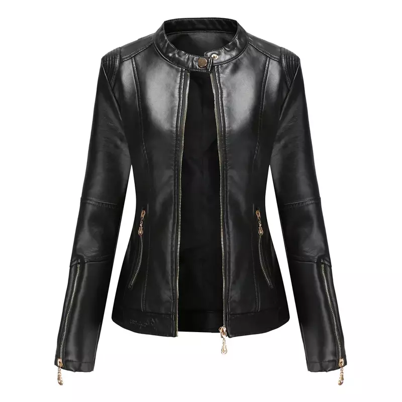 2024 Ladies New Fashion PU Leather Jacket Short Stand Collar Clip autunno sottile giacca in pelle