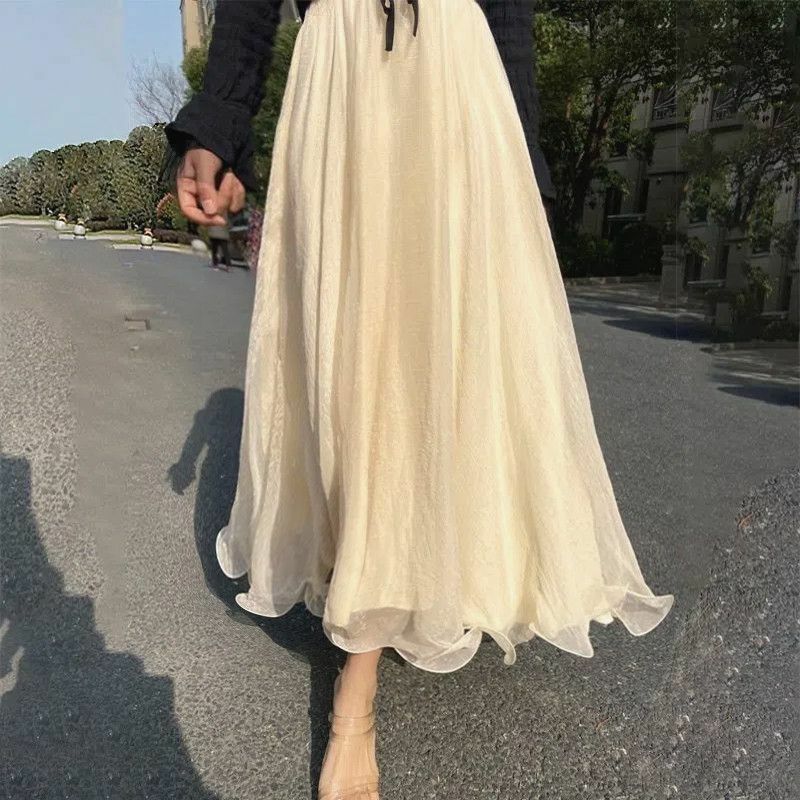 Summer Silky Skirt Elastic High Waist Glossy Silky Long Skirt Milk Silk A-line Long Skirts Women Beach Skirt Island Silk Dress