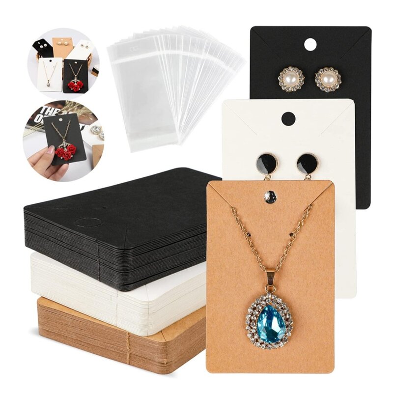 Tarjeta de exhibición de joyería, organizador de embalaje de cartón para pequeñas empresas, DIY, collar, bolsa, conjunto de materiales, suministros, 50 piezas
