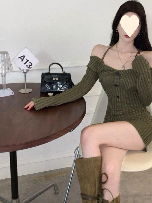 2023 Summer New Strap One Shoulder Pure Desire Knitted Dress elegant Spicy Girl Sexy Long sleeved Lapel Wrapped Hip Skirt VI3O