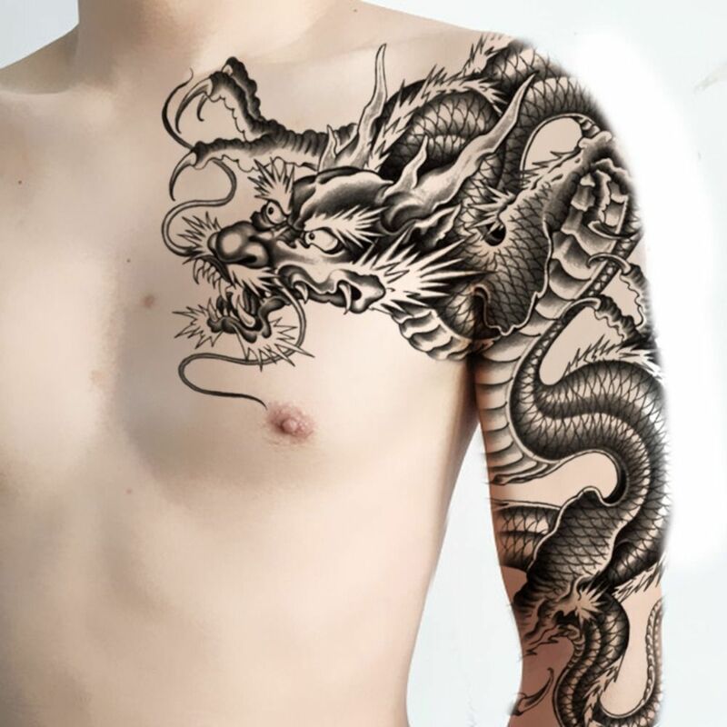 Big Semi Armour Temporary Tattoo Sticker Waterproof Durable Dragon Fish Colorful Large Half Shoulder Arm Tattos Realistic