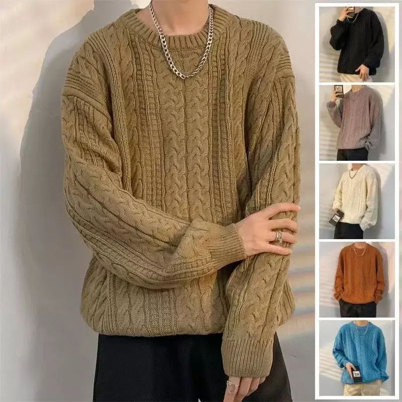 Camisola de malha manga comprida com gola O masculina, malhas masculinas, pulôver de lã, tops grandes, cor sólida básica, moda casual
