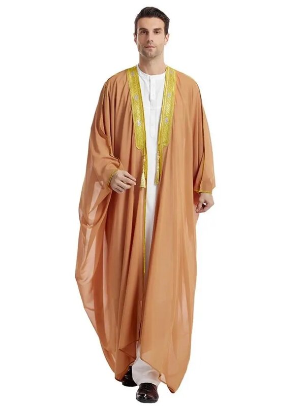 Bata de manga larga con bordado de Color de contraste para hombre, capa de Ramadán Thobe, Abaya Burqa