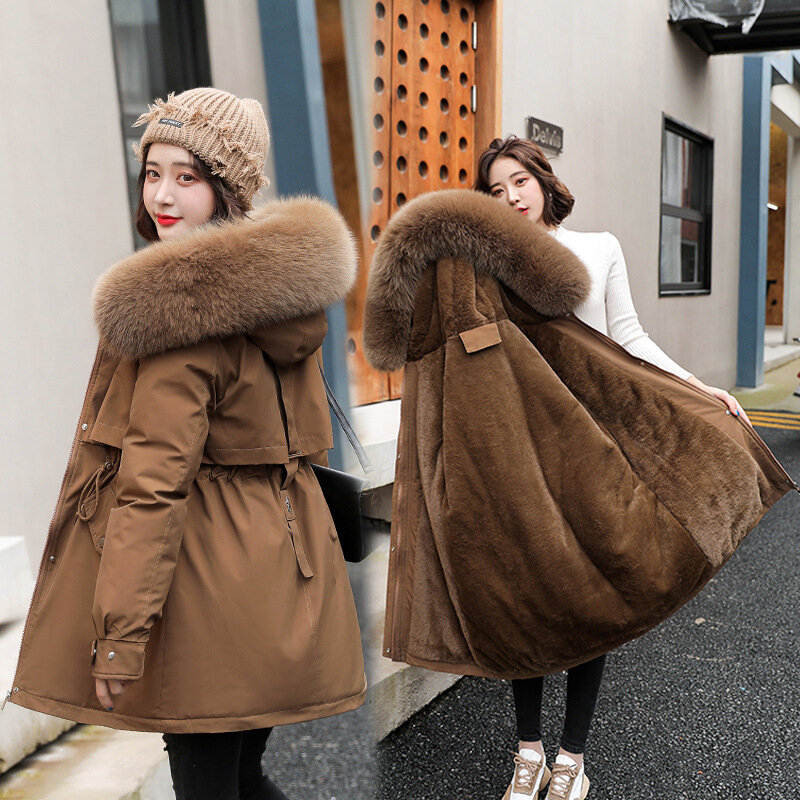 Mantel panjang wanita, Parka Fashion mantel wol Liner bertudung Parka Musim Dingin 2024 baru ramping dengan kerah bulu hangat salju pakaian empuk