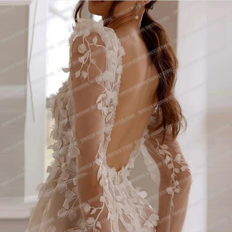 Vestidos de noiva sem costas gola V para mulheres, vestidos de noiva, princesa, linha A, aplique sexy de renda, flores 3D, elegante e luxuoso