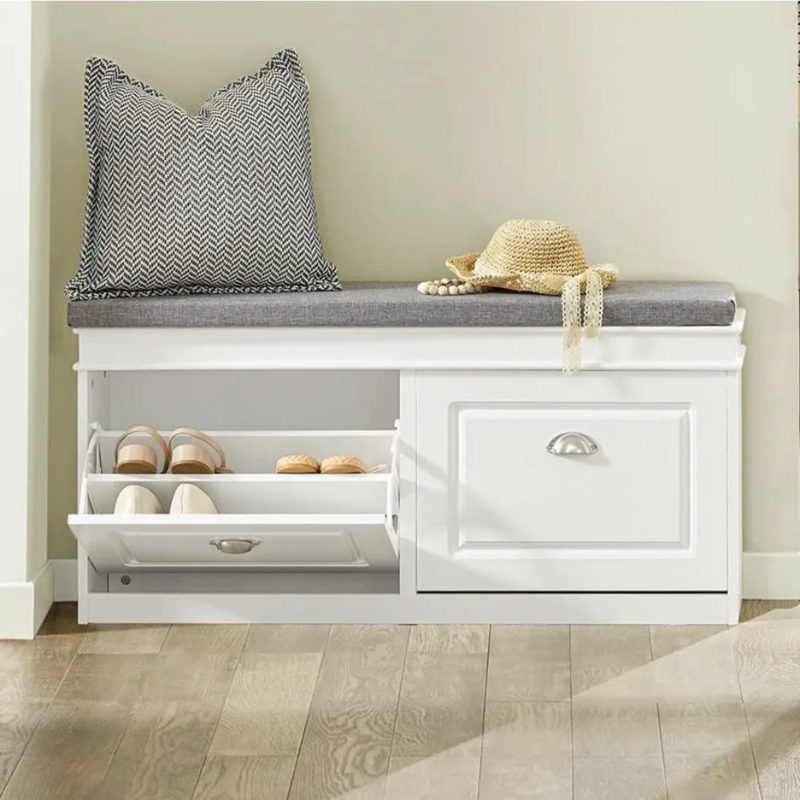 White Storage Bench with Drawers & Padded Seat Cushion, Hallway Bench Shoe Cabinet Shoe Bench, Seat Cushion is Removable