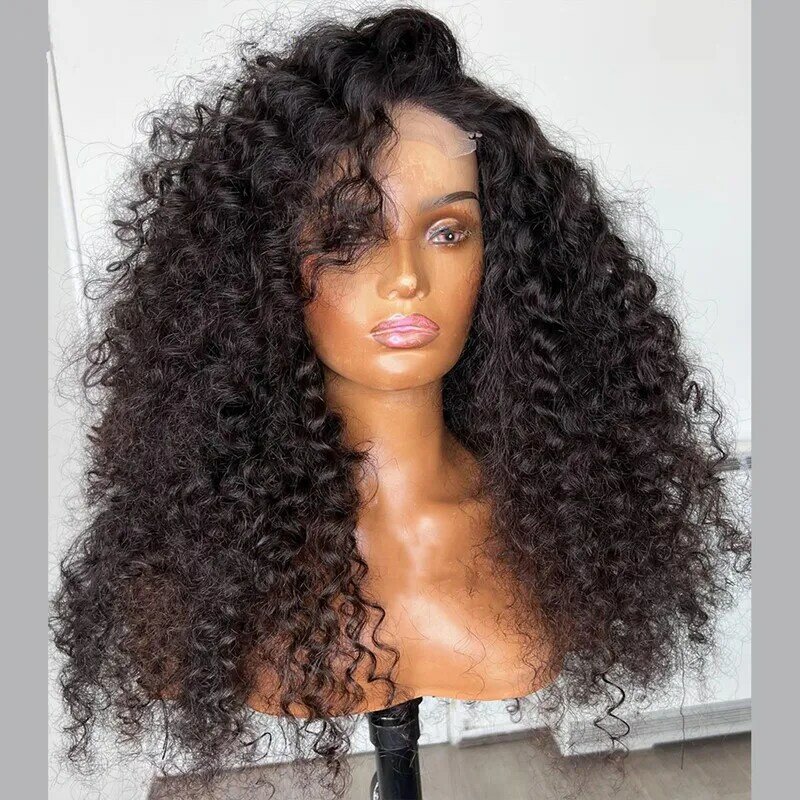 Glueless Long Natural Black Soft 180Density 26“ Kinky Curly Lace Front Wig For Women BabyHair Preplucked Heat Resistant