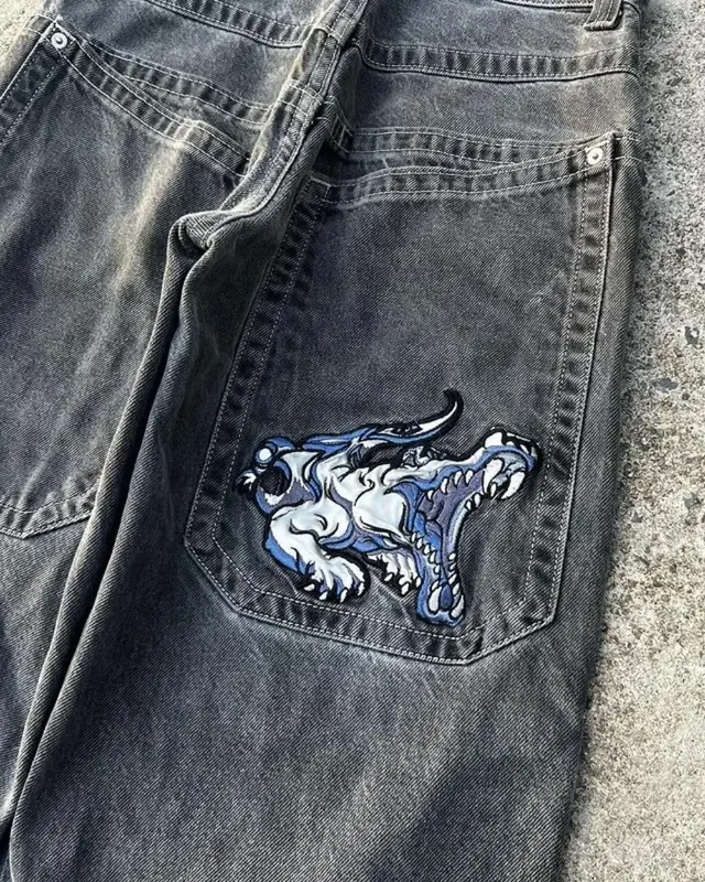 Hip Hop Harajuku haftowane jeansy JNCO męskie w stylu Y2K Retro spodnie dżinsowe Streetwear luźne w stylu Casual wysoki stan spodnie z szerokimi nogawkami nowy