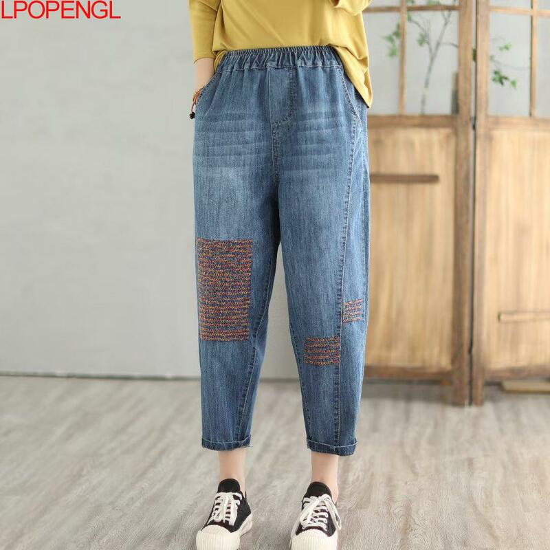 Mode Nieuwe Vrouw Zomer Vintage Losse Denim Kleurrijke Borduurwerk Enkellange Casual Harembroek Elastische Taille Baggy Jeans