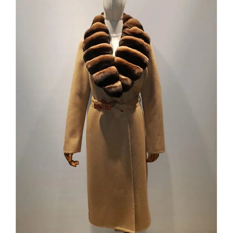 Abrigo de piel de conejo Real Chinchilla Rex, ropa de lujo para mujer, abrigo de piel blanca, abrigo de lana con cuello de piel de conejo cálido 2022