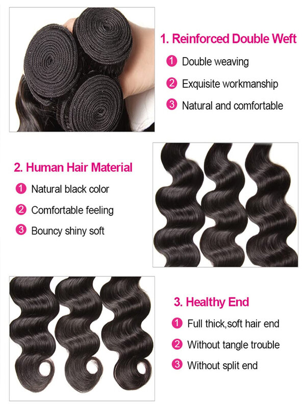Body Wave Bundles Brazilian Hair Weave Human Hair Extensions Virgin Hair 30 Inch Raw Hair Natural Black 3 Bundles Deal for Women
