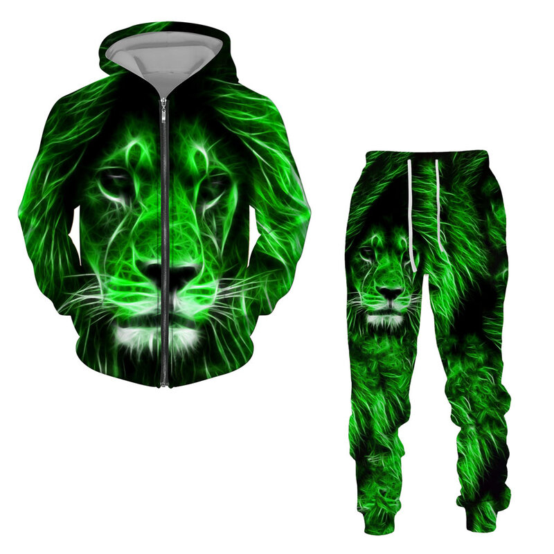 Cool Animal Lion 3D Print Men's Zipper Tricô Conjuntos Casual Hoodie + Calças 2pcs Conjuntos Oversized Camisolas Moda Masculina Vestuário