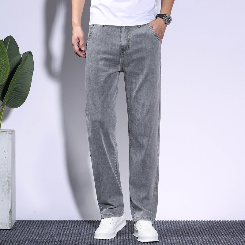Calça jeans larga Lyocell masculina, fina, solta, calça reta, vintage, de negócios, moda casual, calça coreana, nova, verão