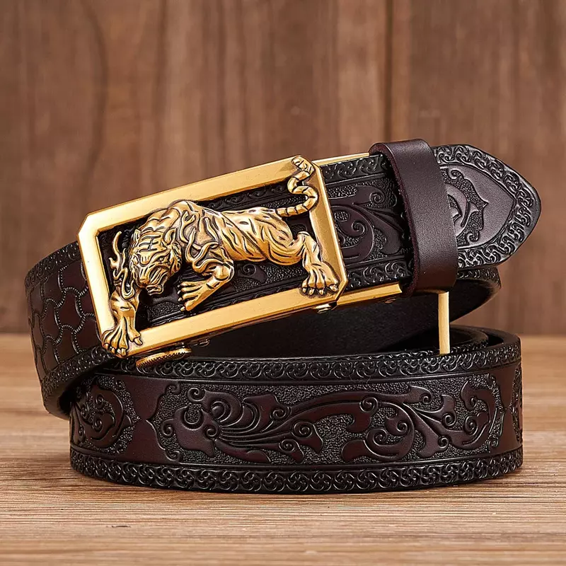 Cinturón de cuero con patrón de hierba Tang para hombres, cinturón de trabajo de arte, hebilla automática, cinturón de negocios, hebilla de tigre de moda