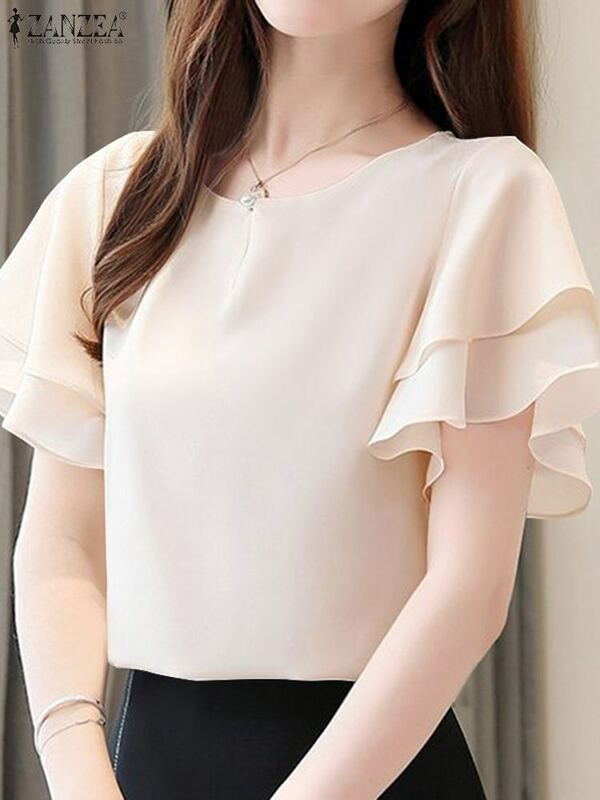 ZANZEA-Blusa de verano de manga corta con volantes para mujer, camisa elegante de Color liso con cuello redondo, estilo coreano, 2024