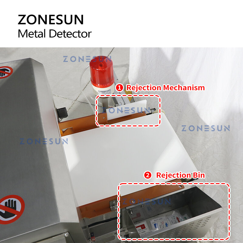 ZONESUN ZS-MD1 Detektor Logam Pemeriksa Keamanan Makanan Ferreous Baja Non-ferreous Ditolak Penolakan Bin Proses Produksi