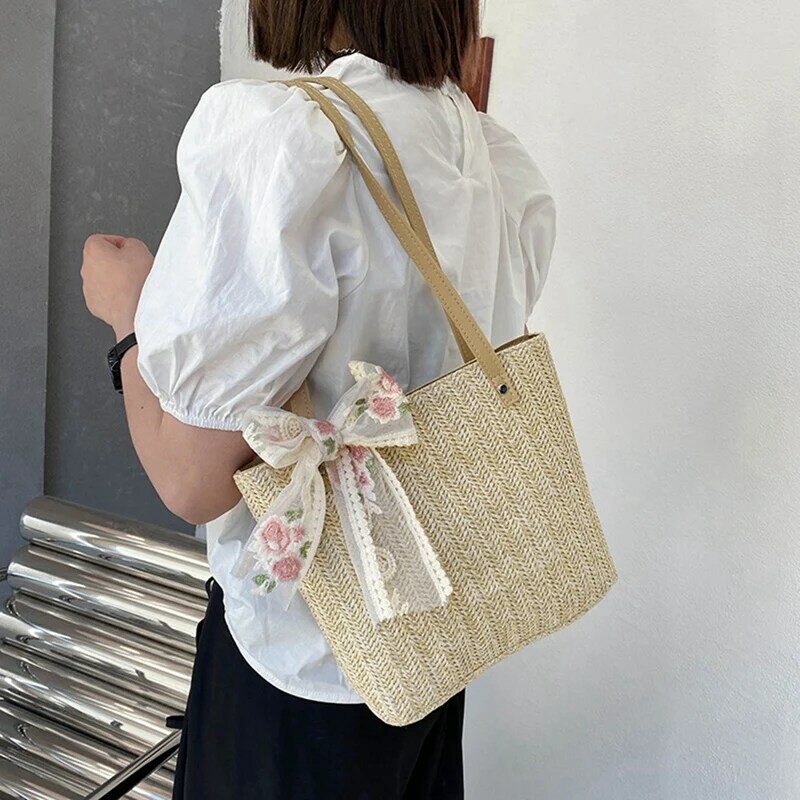 Ladies Summer Straw Bag Lace Bowknot Rattan Bag Large Capacity Leisure Tote Bag Beach Travel Tote Bag