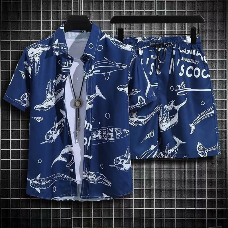Short Sleeve Shirt Hawaiian Style Outfit Set with Pattern Shirt Elastic Drawstring Shorts Beach Outfit for Men 2pcs/set Tropical