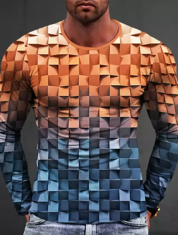 Primavera e autunno l'ultima maglietta stampata in 3d a maniche lunghe da uomo geometrica Color Block personalità abbigliamento Casual creativo