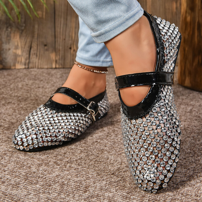 Sandálias de malha de strass para mulheres, sapatos planos, dedo do pé redondo, fivela, balé, luxo, verão
