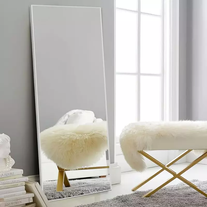 Напольное зеркало с рамой из алюминиевого сплава, зеркальное покрытие с подставкой для спальни, настенные зеркала для комнаты, 64 х21 дюйм, серебристое, бесплатная доставка