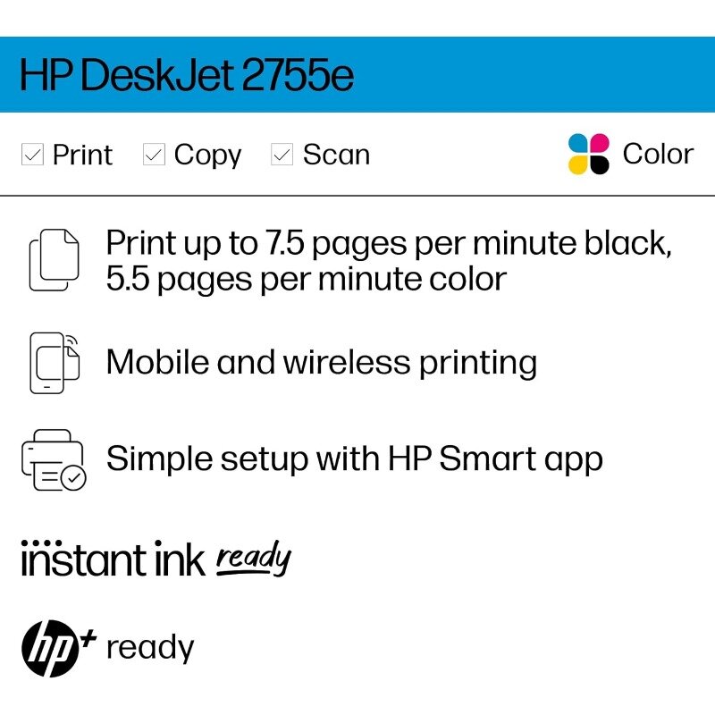 Wireless Color Inkjet Printer for Office, Print, Scan, Copy, Easy Setup, Mobile Printing, HP+ Instant Ink, White