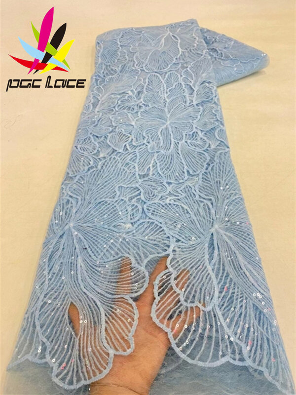 PGC kain renda payet Afrika kualitas tinggi 2024 kain jaring bordir Nigeria Perancis untuk gaun pernikahan jahit LY2837