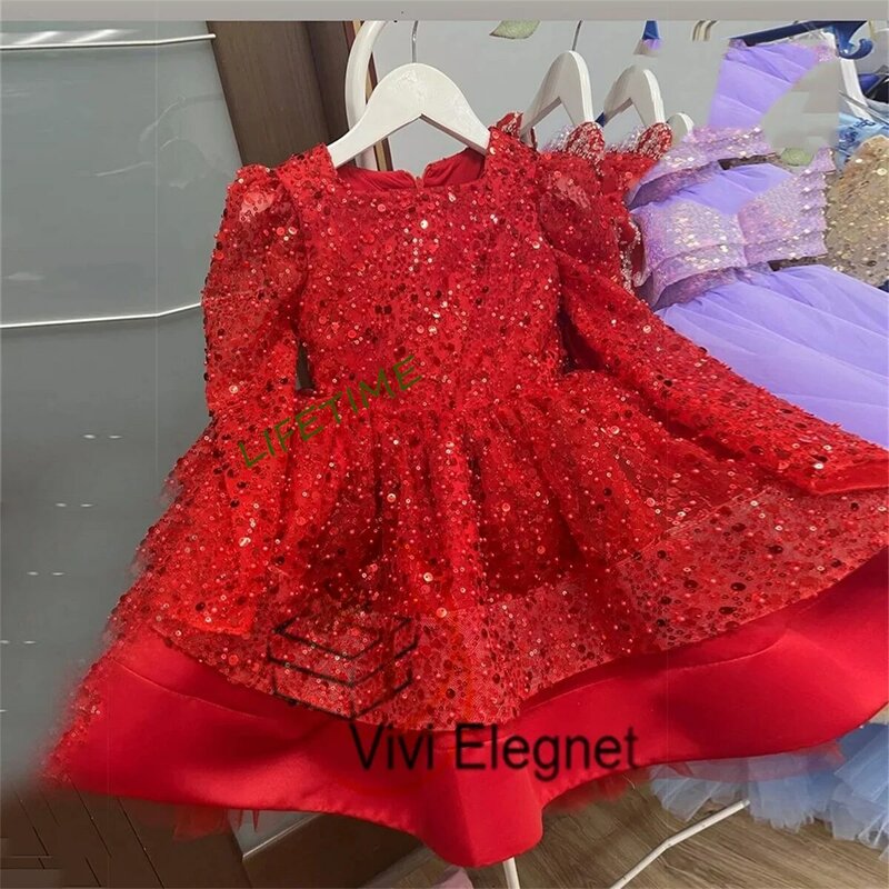 Red Scoop Flower Girls Dresses for Baby 2024 Sleeveless Feather Christmas Gowns with Belt A Line Tiered Knee Length فلور فتاة ال