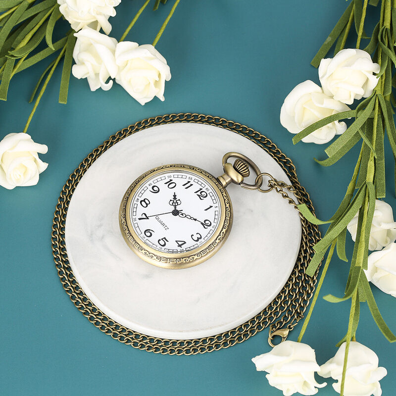 ساعة جيب كوارتز برونزية تناظرية ، أرقام عربية سوداء ، تصميم وجه مفتوح ، ساعة قلادة قلادة ، هدايا عتيقة أنيقة للرجال والنساء