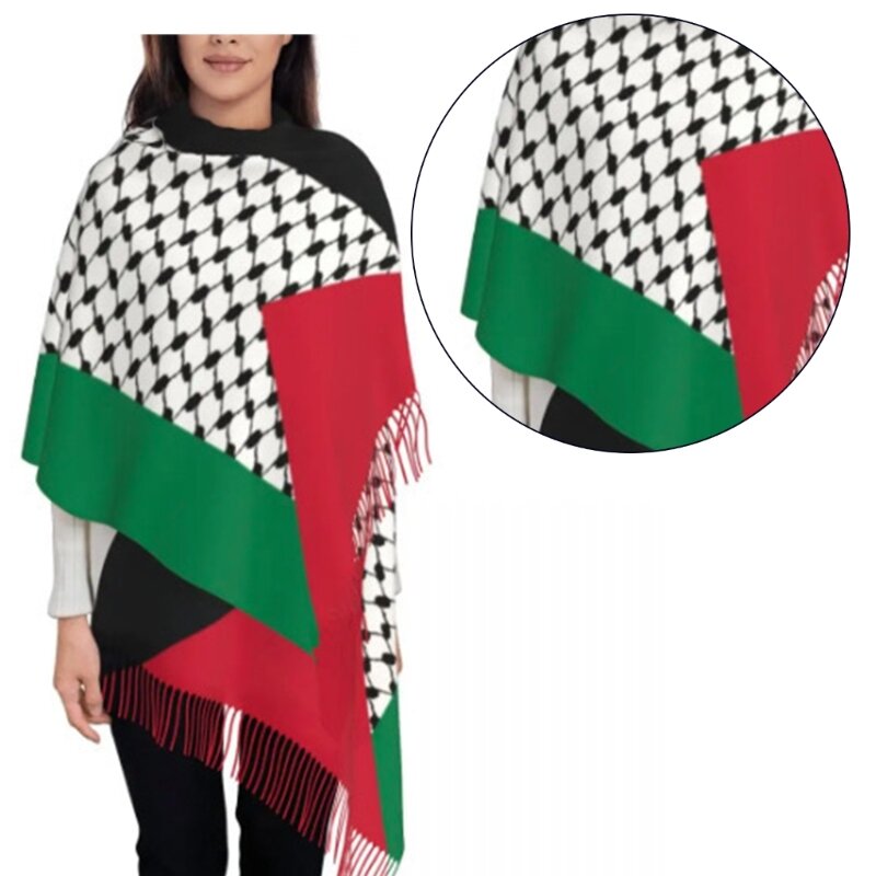 大人用ユニセックスパレスチナスカーフ冬用防風祈りスカーフロングタッセル付き