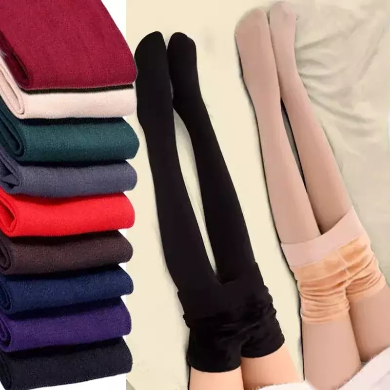 กางเกงเลกกิ้งผ้าหนาสำหรับผู้หญิงผ้ากำมะหยี่สีพื้นอุ่นเอวสูงสีดำยืดได้สำหรับฤดูหนาว