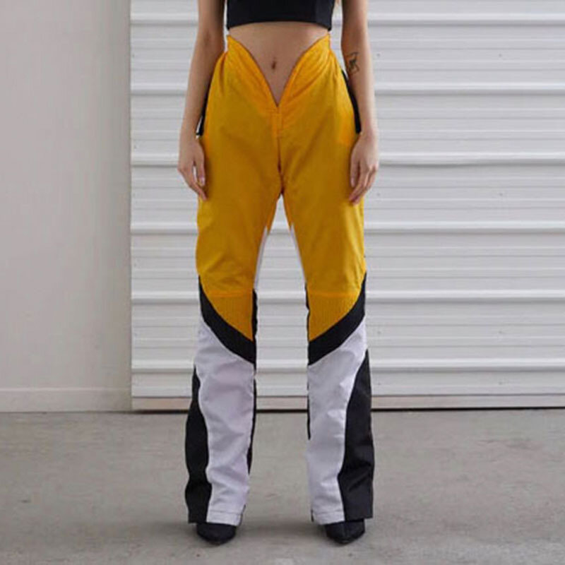 Pantalones informales de cintura alta para mujer, pantalón de pierna recta con bolsillo y cremallera en forma de V, tejido de calle personalizado, 2023
