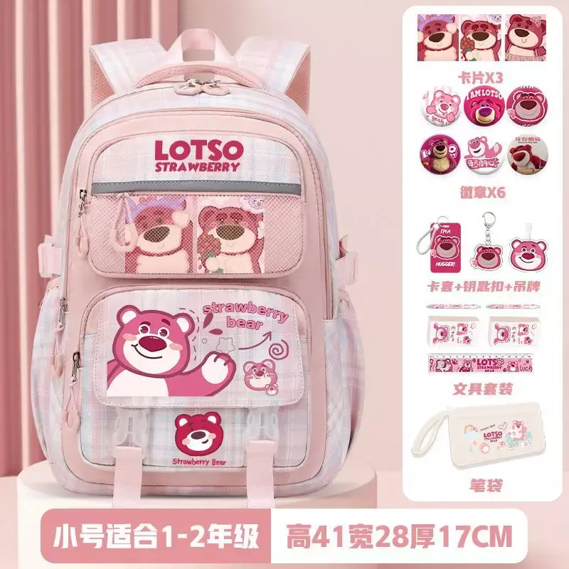 Sanrio Strawberry Bear Cartoon mochila, mochila de estudante de grande capacidade infantil, novo