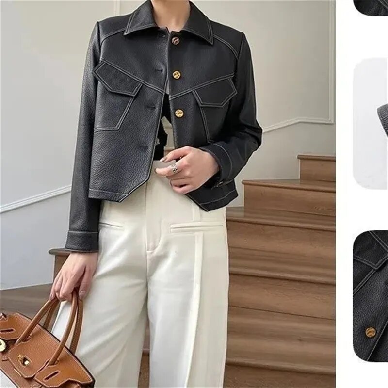 2023 High-End Brown Women PU Leather Outwear Button Outfit primavera autunno Women Fashion Short Thin Female Leather Jacket