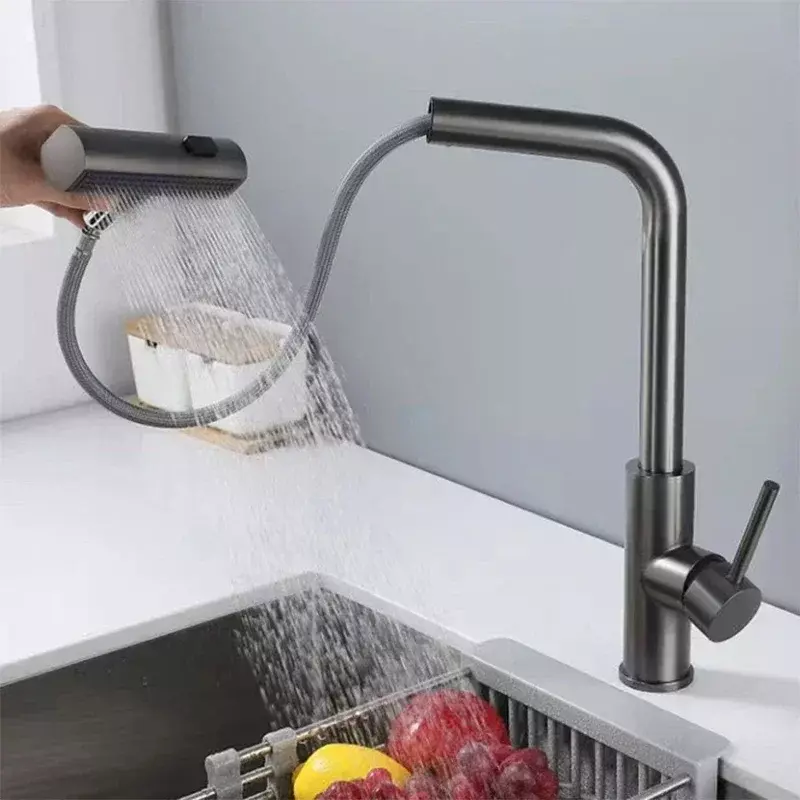 3-Mode Handle Pull Stainless Steel Kitchen Faucets Single Hole Deck Mounted Waterfall Stream Sprayer Sink Tap Cold and Hot Mixer