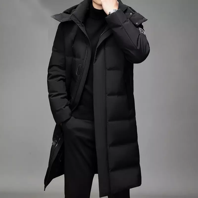 Jaket panjang berlapis bulu pria, mantel bertudung tahan angin hangat tebal musim dingin untuk pria