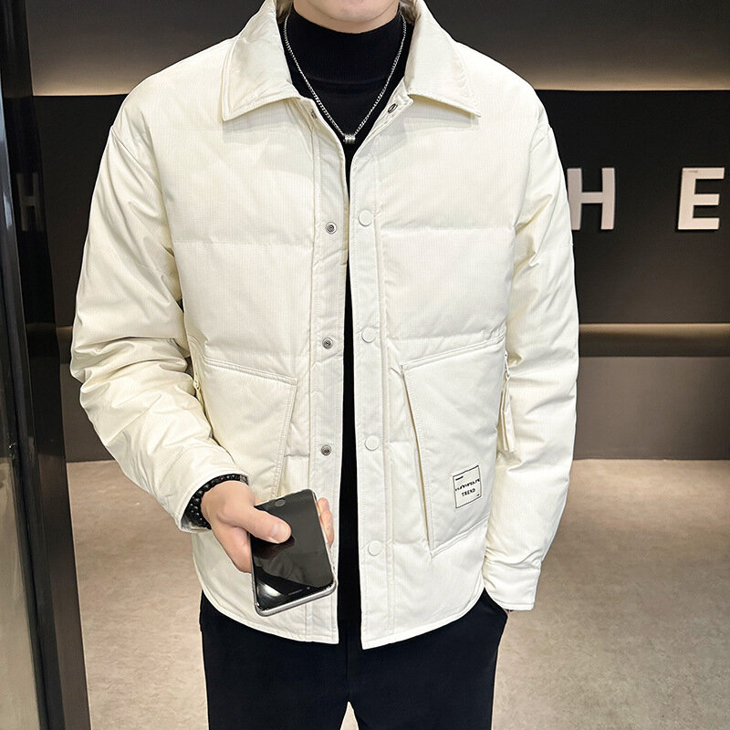 Zimowa męska modna, z klapami kurtka puchowa biała kaczka puch ciepła casualowa kurtka jednolity kolor luźny duży rozmiar Outwear jednorzędowy