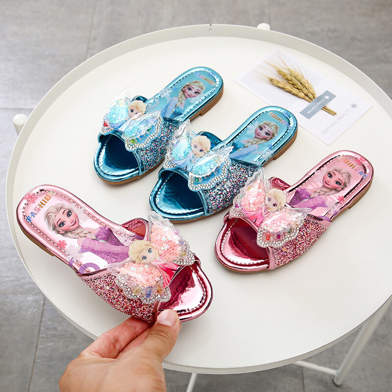 Тапочки детские летние на плоской подошве, дизайнерские шлепанцы принцессы «Холодное сердце», Эльза, повседневная обувь для девочек, сланцы