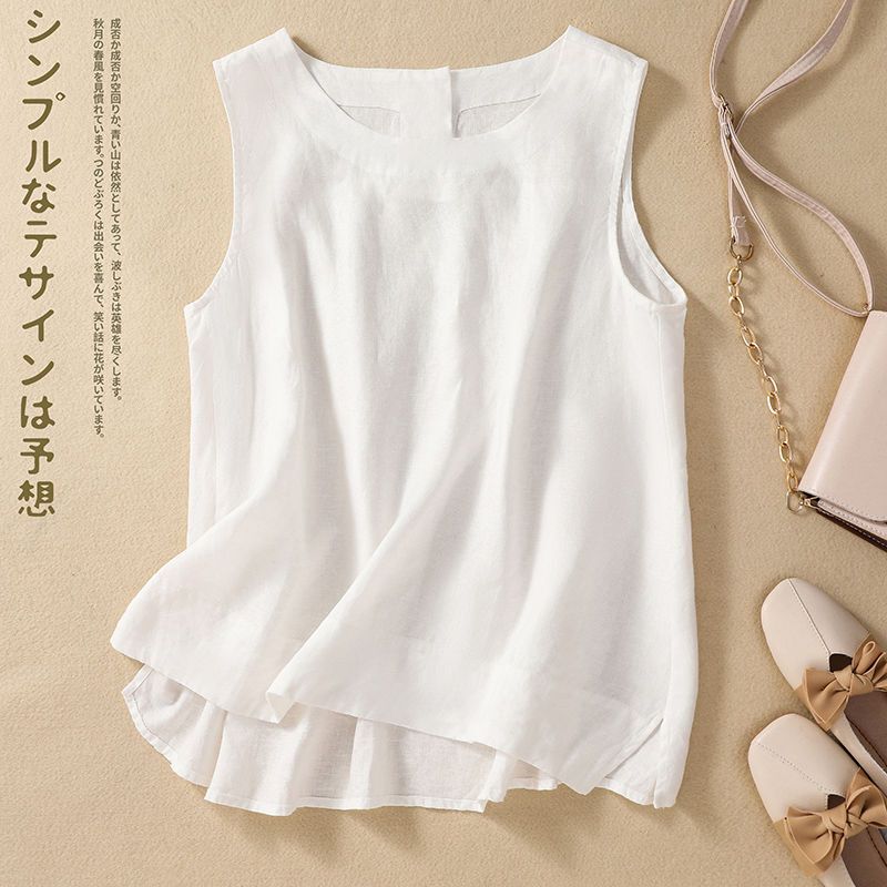 Top de linho sem mangas de algodão feminino, blusa casual solta, camiseta retrô feminina branca, colete versátil simples, verão