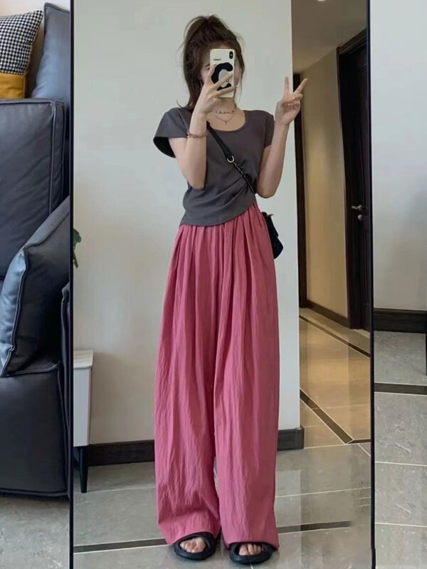 Женские брюки из 2023 хлопка и льна, повседневные широкие брюки, винтажные мешковатые модные корейские женские прямые брюки большого размера Y2K на лето