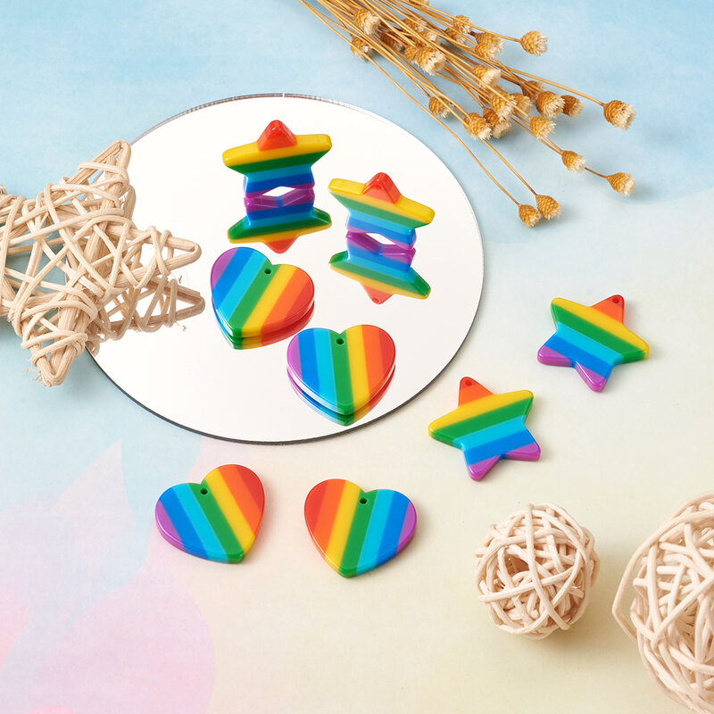 Dijes de plástico de arcoíris y Estrella, 12 piezas, colgantes de rayas de colores para pendientes, collares, llaveros, regalos para hacer joyas