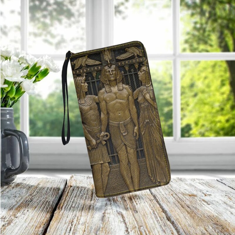 고대 이집트 예술 프린트 숙녀 장지갑, 럭셔리 디자이너 가죽 소녀 지갑, 카드홀더 휴대용 전화 클러치, Portefeuille