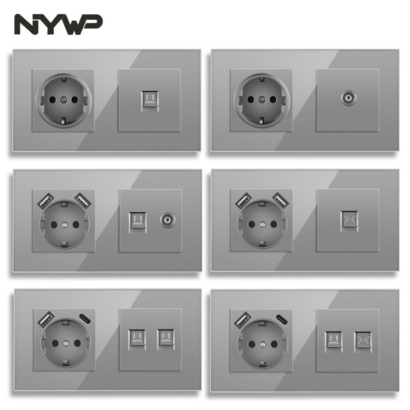 NYWP EU 표준 벽 소켓 + TV 전화, 회색 강화 유리, rj45 cat6 벽 소켓, 컴퓨터 인터넷 157x86mm