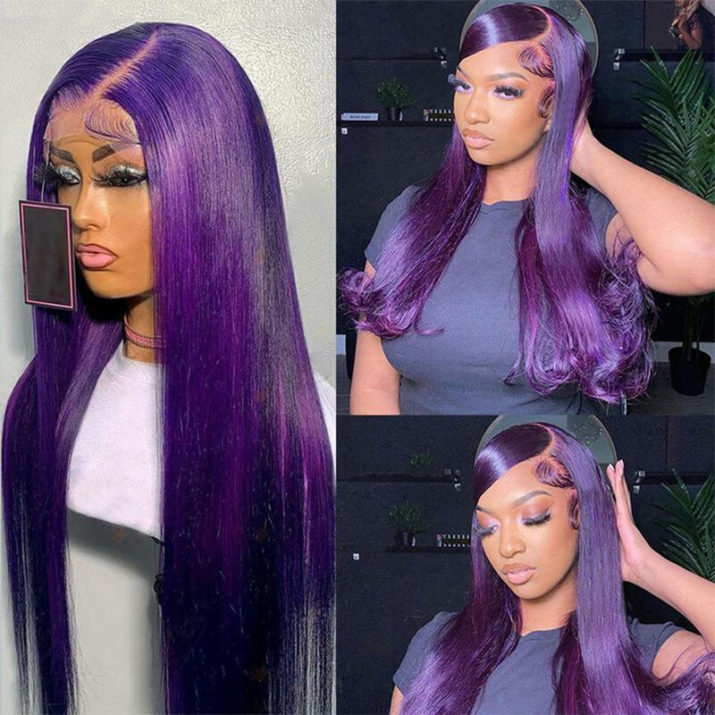 Wig renda Lurus ungu gelap 13x4 Wig Frontal renda transparan rambut manusia renda berwarna ungu Wig penutup sebelum dipetik