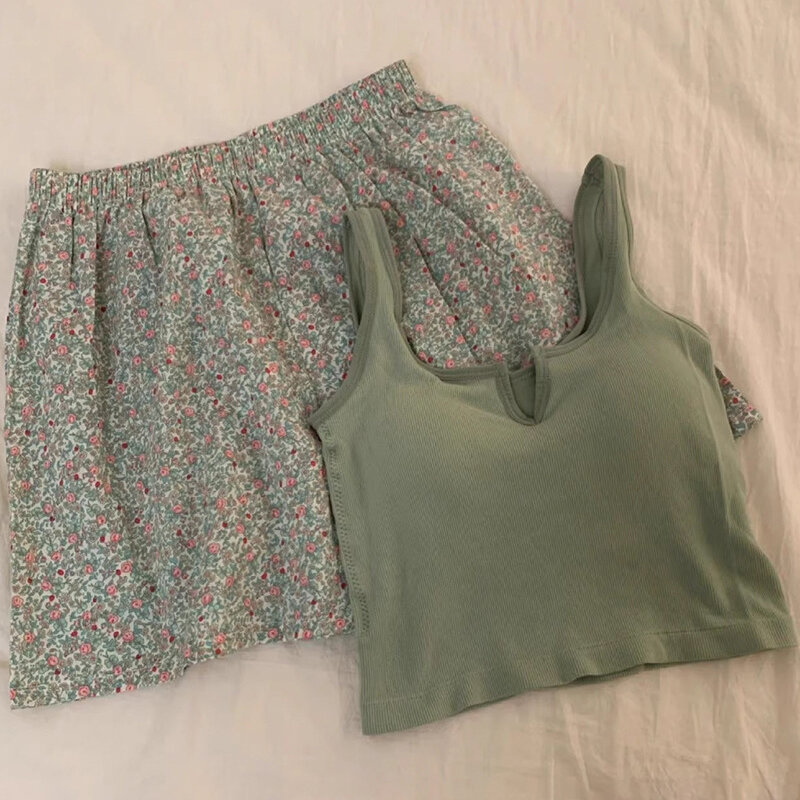 Conjunto de pijama de cintura elástica Floral para mujer, chaleco con pecho acolchado, pantalones para el hogar, Verano